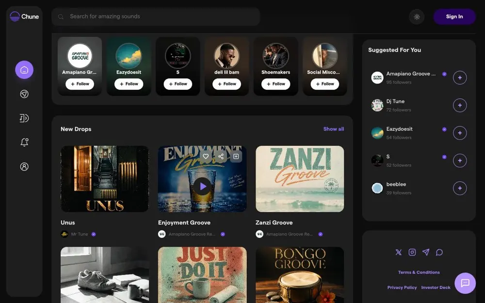 Chune's home screen, showing top artists, new drops with their cover art, and suggested accounts to follow.